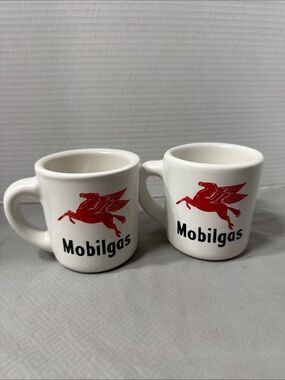 Vintage Mobilgas Diner Mugs Red Pegasus Logo HeavyRestaurant Ware Set of 2 USA
